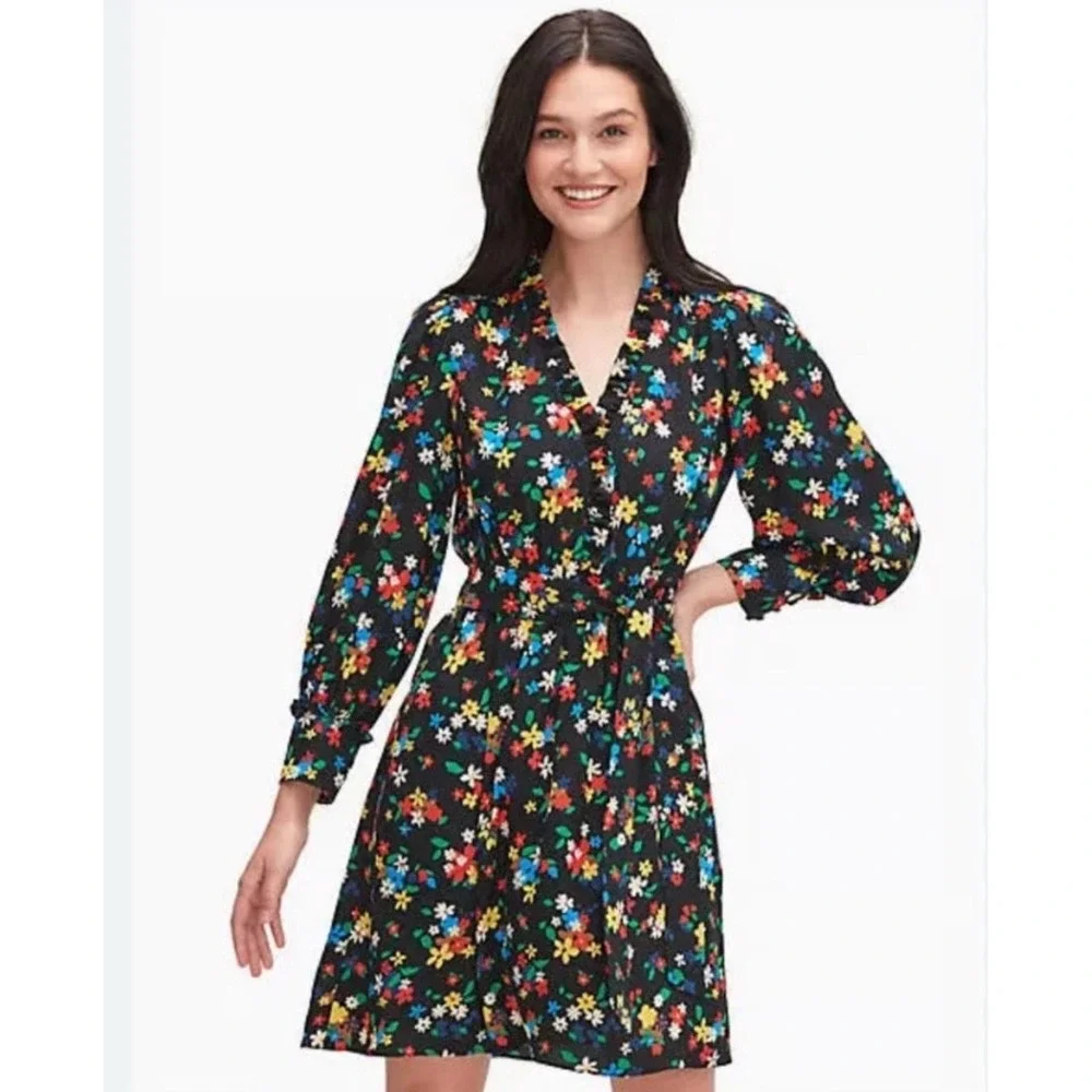Kate Spade Sailing Floral Dress Size 2 Black Multi Ruffle‎ Elastic Waistband